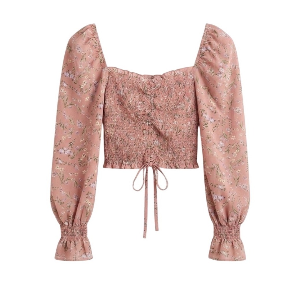 Blush BJ Dusty Rose Floral Smocked‎ Puff Sleeve Crop Top Square Neck Small